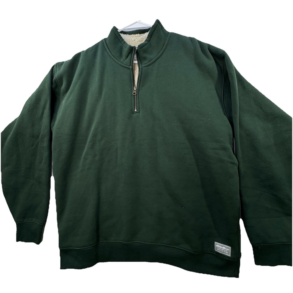 Eddie Bauer Sweater Mens Large Forest Green Quarter‎ Zip Pullover Heavy Lined